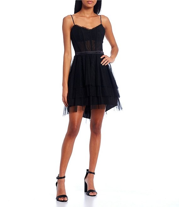 Mesh V-Neck Double Tiered Mesh Corset Fit-And-Flare Dress | Dillard's