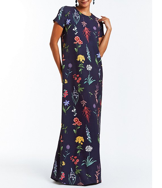 Mestiza New York Adria Mixed Floral Print Crew Neck Short Sleeve Pocketed Shift Maxi Dress