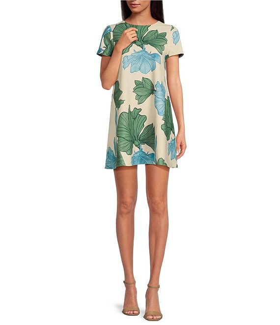 New Round Neck Print Cropped Sleeve A-Line Dress