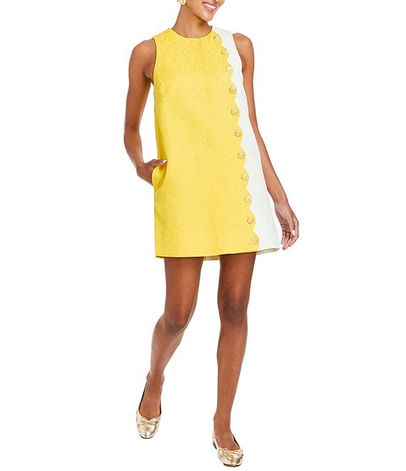 Mestiza New York Etta Floral Swirl Tonal Jacquard Color Block Side Scallop Button Trim Mini Shift Dress, Yellow Ivory - Image 1