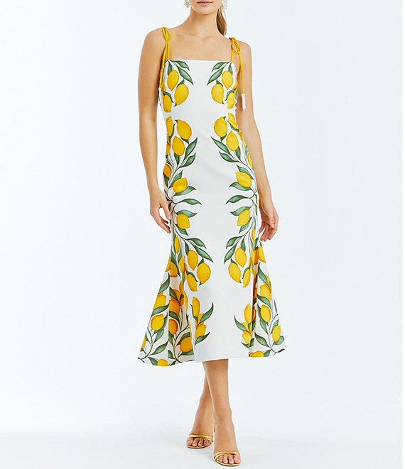 Mestiza New York Tropez Stretch Crepe Lemon Print Square Neck Bow Strap Reversible Midi Fit and Flare Dress Dillard s