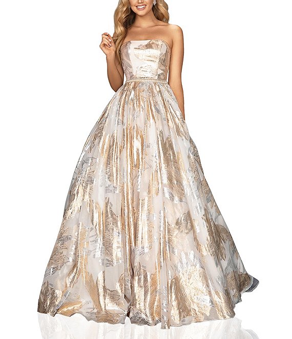 Color:Ivory Silver - Image 1 - Metallic Floral Print Strapless Ball Gown