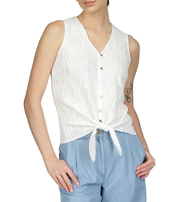 Michael Kors Crinkle Knit Eyelet V-Neck Sleeveless Button