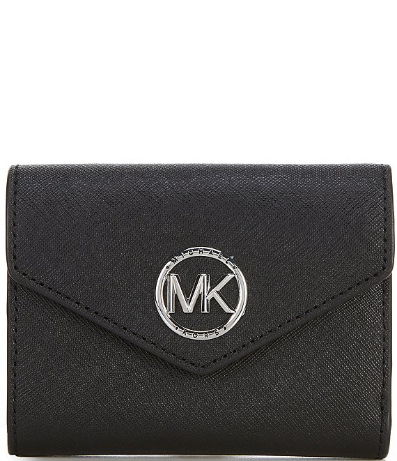 Michael Kors Greenwich Medium Envelope Trifold Saffiano Logo Closure Leather Wallet - Deep Fuchsia