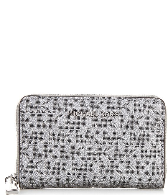 Michael Kors Jet Set Small Zip Around Silver Tone Leather Card Case Wallet