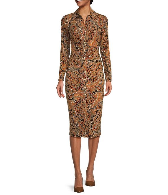 Color:Burnt Terract - Image 1 - Long Sleeve Notch Collar Button Front Paisley Midi Dress