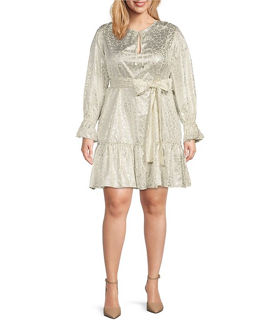 Color:Bone Silver - Image 1 - MICHAEL Michael Kors Plus Size Foiled Leopard Print Keyhole Neck Long Ruffle Cuffed Sleeve Tiered Belted Satin Shift Dress