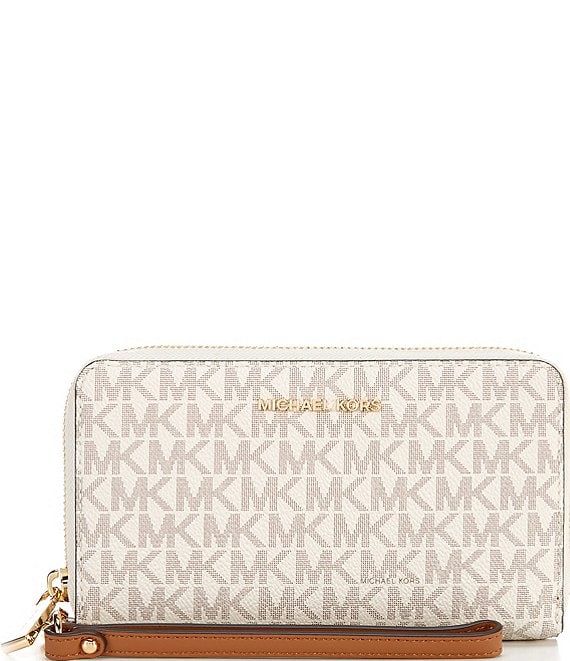 Michael Kors Signature Logo Jet Set Large Gold Tone Flat Multifunction  Wristlet