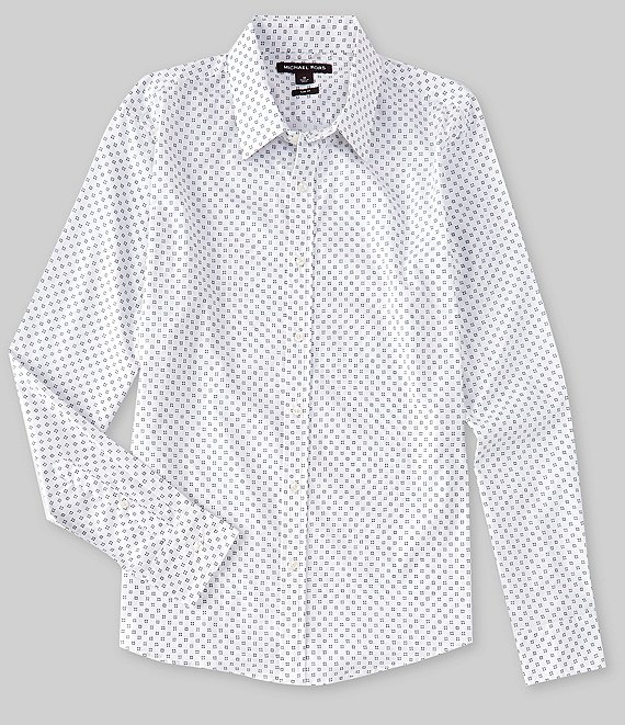 Color:White - Image 1 - Slim-Fit Square Dot Print Stretch Long-Sleeve Woven Shirt