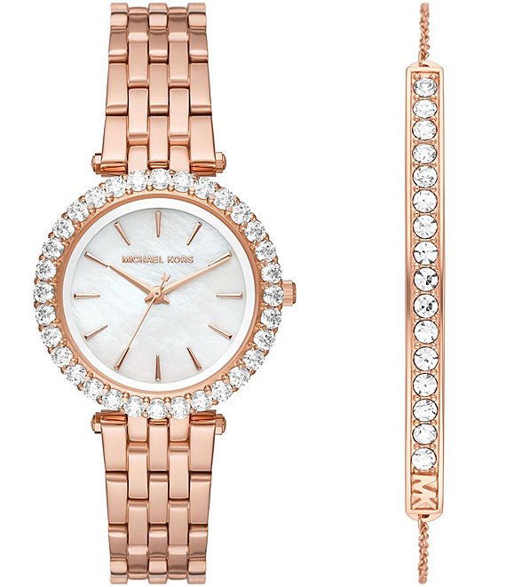 Michael Kors Women's Darci Three-Hand Rose Gold-Tone Stainless Steel  Bracelet Watch and Pave Bracelet Set | Dillard's