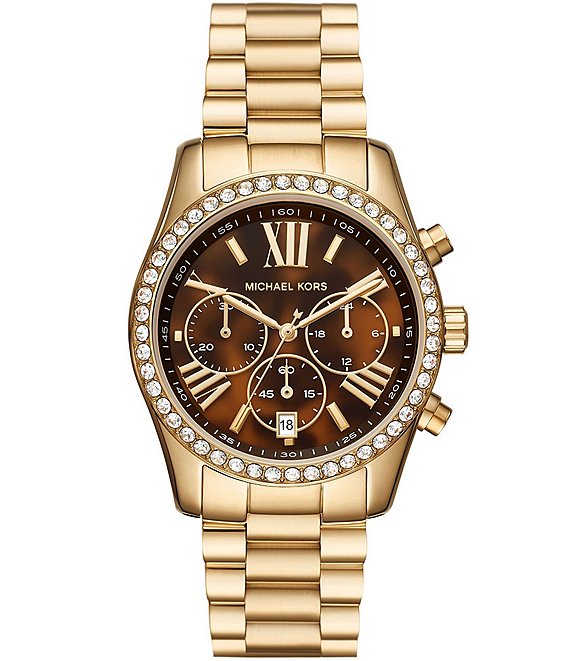Michael Kors Women's Lexington Lux Chronograph Red Dial Gold Stainless ...