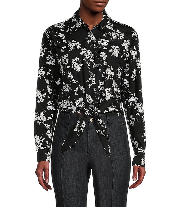 MICHAEL Michael Kors Botanical Floral Print Point Collar Button Front  Self-Tie Hem Shirt | Dillard's