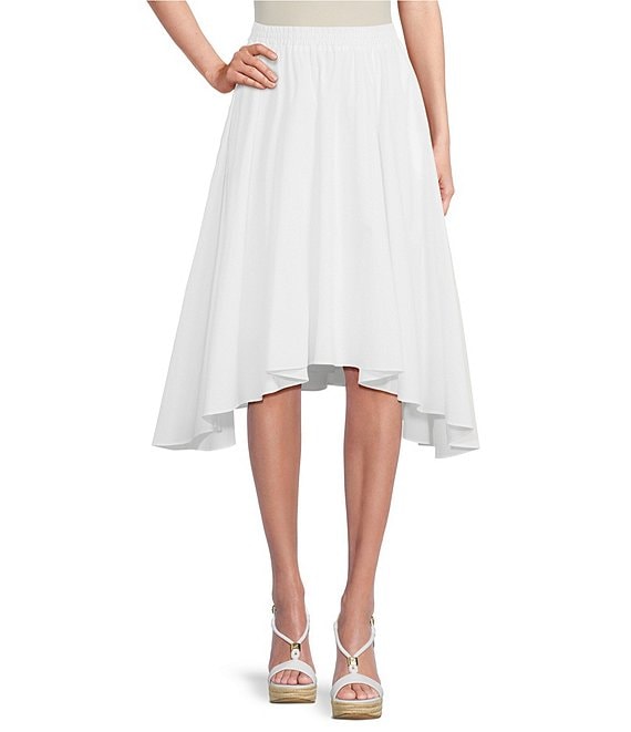 Color:White - Image 1 - MICHAEL Michael Kors Cotton Poplin High-Low Hem A-Line Midi Skirt