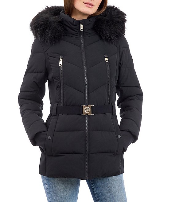 MICHAEL Michael Kors Faux Fur Stand Collar Hooded Belted Puffer Jacket