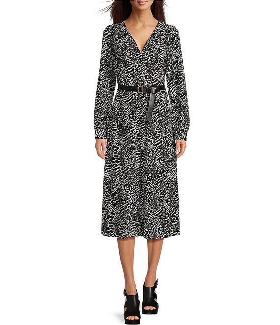 MICHAEL Michael Kors Kate Modern Ocelot Print V Neck Belted Long Sleeve Midi Dress