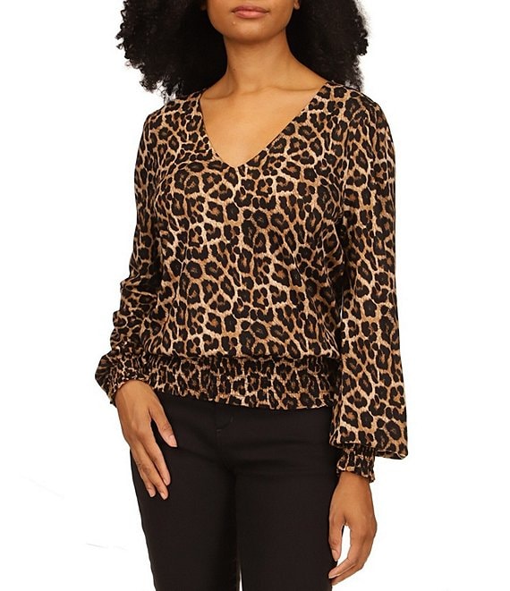 MICHAEL Michael Kors Knit Jersey Cheetah Print V-Neck Long Sleeve ...