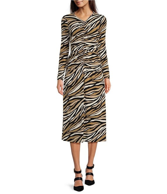 Color:Khaki - Image 1 - MICHAEL Michael Kors Long Sleeve Tiger Stripe Ruched Midi Dress