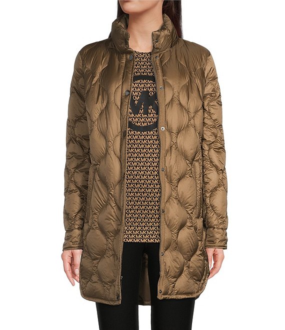Color:Husk - Image 1 - MICHAEL Michael Kors Onion Quilt Button Front Duck Down Insulated Hooded Puffer Coat