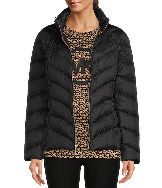 Womens Michael Kors Packable Down Puffer Jacket Bubble Coat 34 Black Gold   eBay