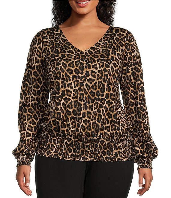 MICHAEL Michael Kors Plus Size Knit Jersey Cheetah Print V-Neck Long ...