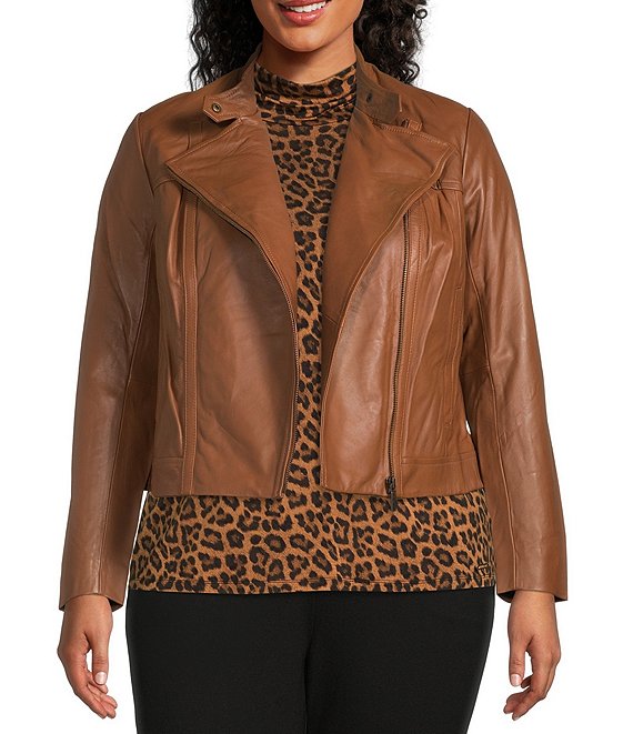 Color:Luggage - Image 1 - MICHAEL Michael Kors Plus Size Genuine Leather Long Sleeve Moto Jacket