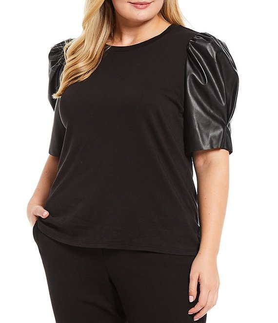 Prehistoric Insignificant leftovers MICHAEL Michael Kors Plus Size Solid Knit Jersey Vegan Leather Short Puff  Sleeve Crew Neck Top | Dillard's