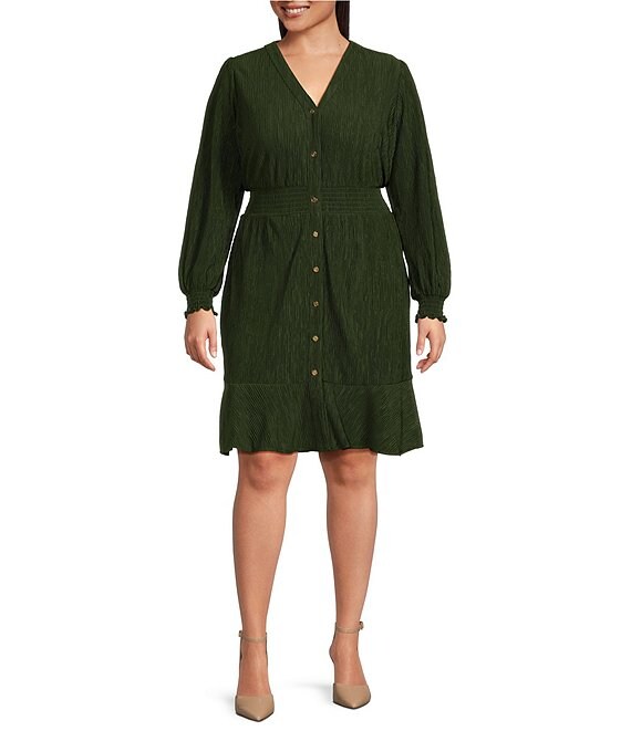 MICHAEL Michael Kors Plus Size V-Neck Long Sleeve Plisse Smocked Dress ...