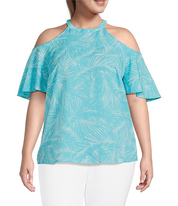 MICHAEL Michael Kors Plus Size Woven Palm Cold Shoulder Halter Neck Short  Flutter Sleeve Top | Dillard's