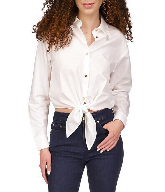MICHAEL Michael Kors Poplin Point Collar Long Sleeve Front Tie Hem Button  Front Cropped Top | Dillard\'s
