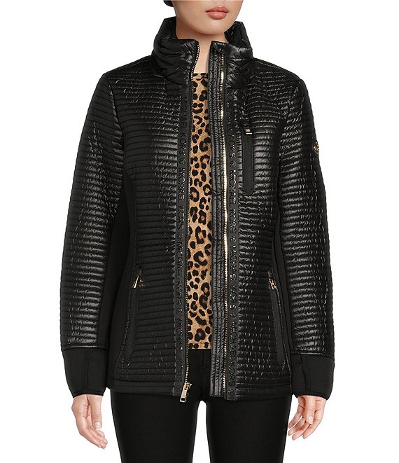 Color:Black - Image 1 - MICHAEL Michael Kors Quilted Faux Fur Hooded Moto Jacket