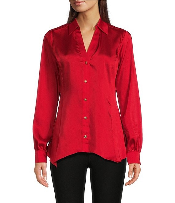 Color:Crimson - Image 1 - MICHAEL Michael Kors Satin Woven Point Collar Long Sleeve Button-Front Shirt