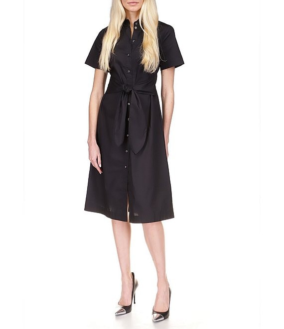 Color:Black - Image 1 - MICHAEL Michael Kors Short Sleeve Self-Tie Belted Button Front Shirt Dress