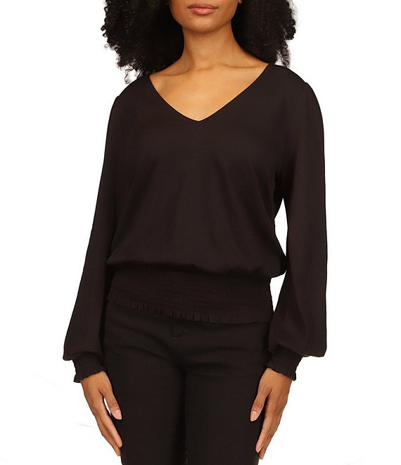 Color:Black - Image 1 - MICHAEL Michael Kors Solid Knit Jersey V-Neck Long Sleeve Smocked Hem Top
