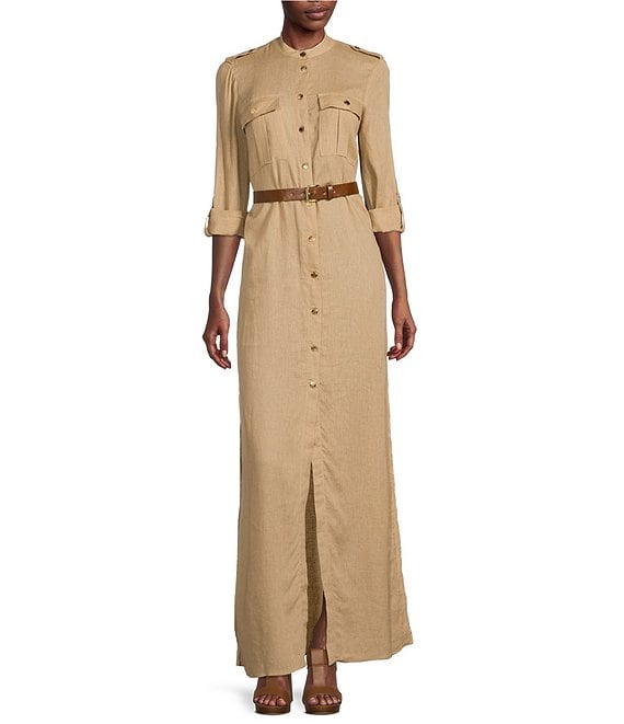 Color:Khaki - Image 1 - MICHAEL Michael Kors Woven Linen 3/4 Roll-Tab Sleeve Banded Collar Snap Front Side Slit Belted Maxi Shirt Dress