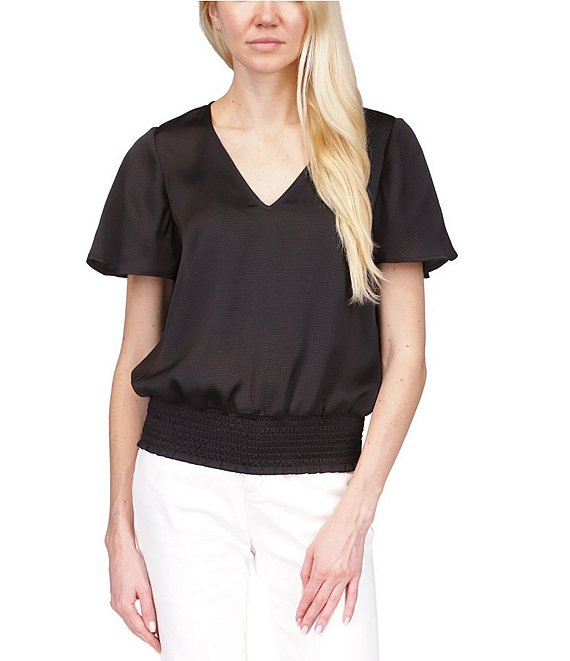 MICHAEL Michael Kors Woven Satin V-Neck Smocked Blouse | Dillard's