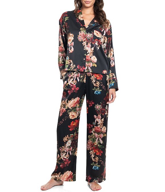 Midnight Bakery Bouquet Print Notch Collar Long Sleeve Satin Pant Pajama Set