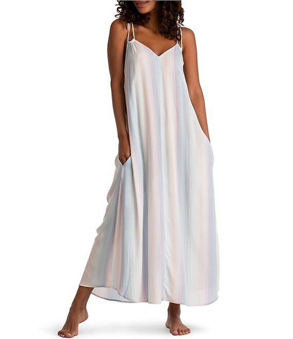 Midnight Bakery Pastel Striped Print V-Neck Double Strap Maxi Nightgown