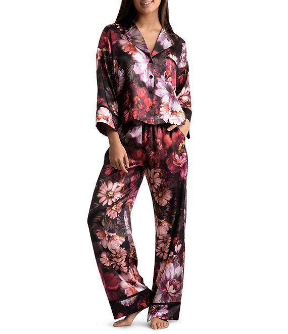Color:Black - Image 1 - Satin Brushstroke Floral Print 3/4 Sleeve Notch Collar Full Length Pajama Set
