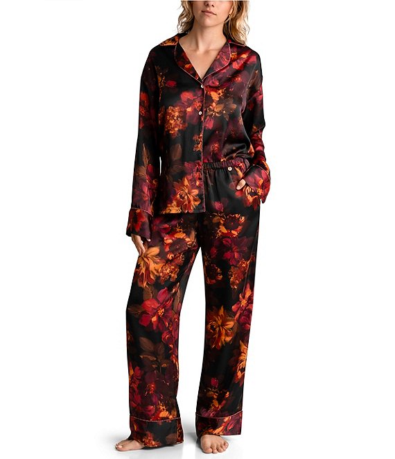 Midnight Bakery Satin Long Sleeve Top & Pant Burnout Floral Print Pajama Set