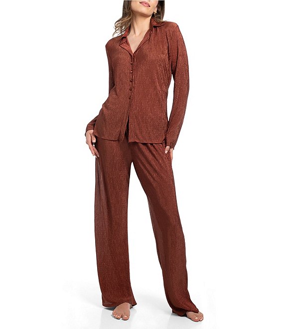Midnight Bakery Solid Lightweight Plisse Long Sleeve Notch Collar Long Pajama Set