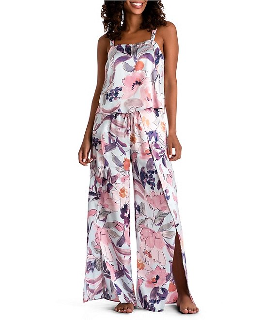 Midnight Bakery Watercolor Floral Print Cami and Side Slit Palazzo Pant Pajama Set