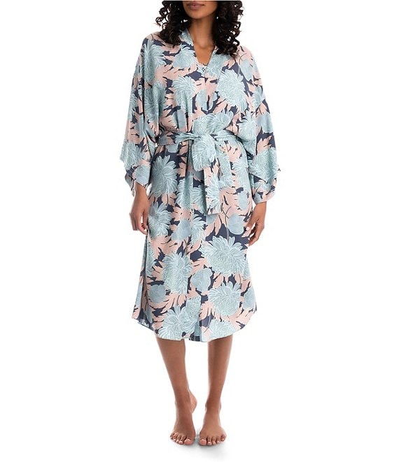 Midnight Bakery Woven Floral Print 3/4 Sleeve Midi-Length Kimono Wrap Robe