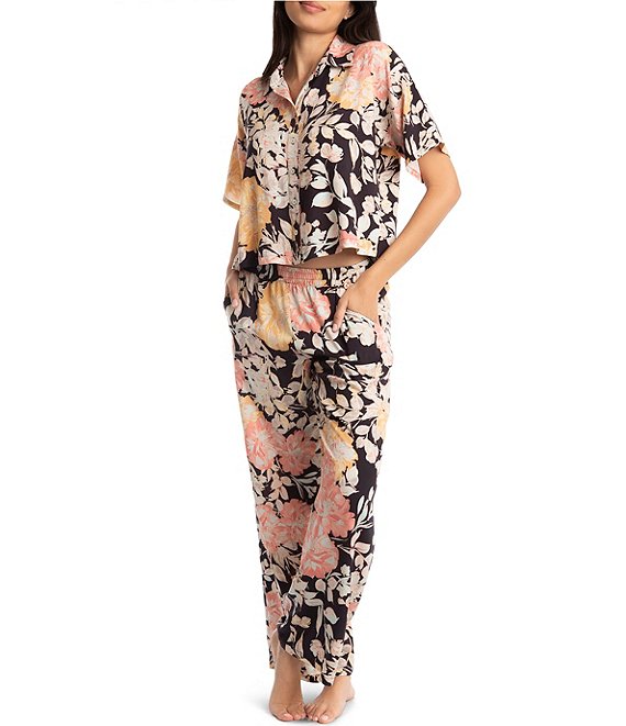 Color:Black - Image 1 - Woven Floral Printed Short Sleeve Notch Collar Coordinating Pajama Set