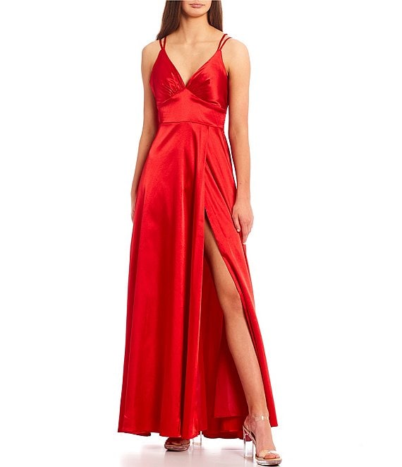 Color:Red - Image 1 - Double Spaghetti Strap V-Neck Open Strappy Back Charmeuse Satin Long Dress