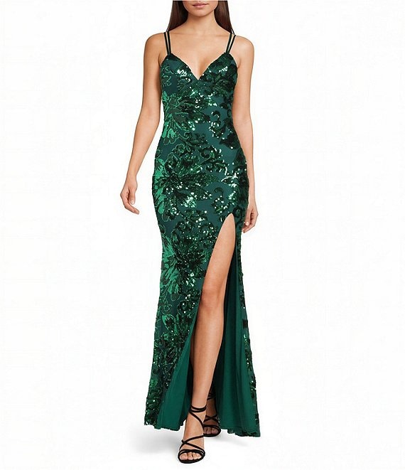 Midnight Doll Floral Patterned Sequin Double Spaghetti Strap V-Neck Side Slit Dress