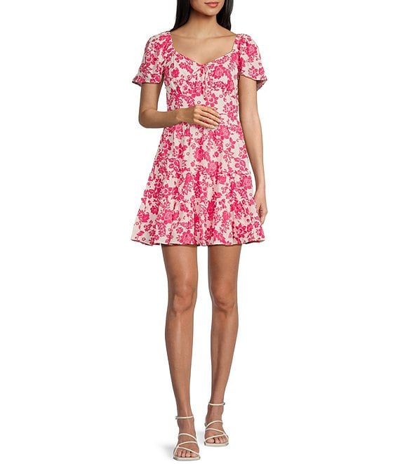 Midnight Doll Floral Print Short Sleeve Smocked Back Fit & Flare Mini Dress  | Dillard's