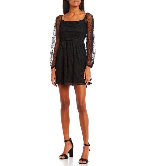 Color:Black - Image 1 - Long Sleeve Square Neck Ruched Top Dress