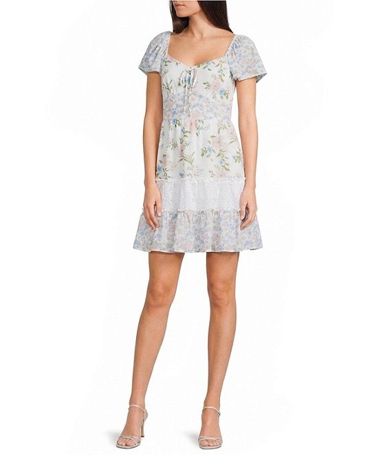 Midnight Doll Mixed Floral Printed Lace Flutter Sleeve Tiered Dress
