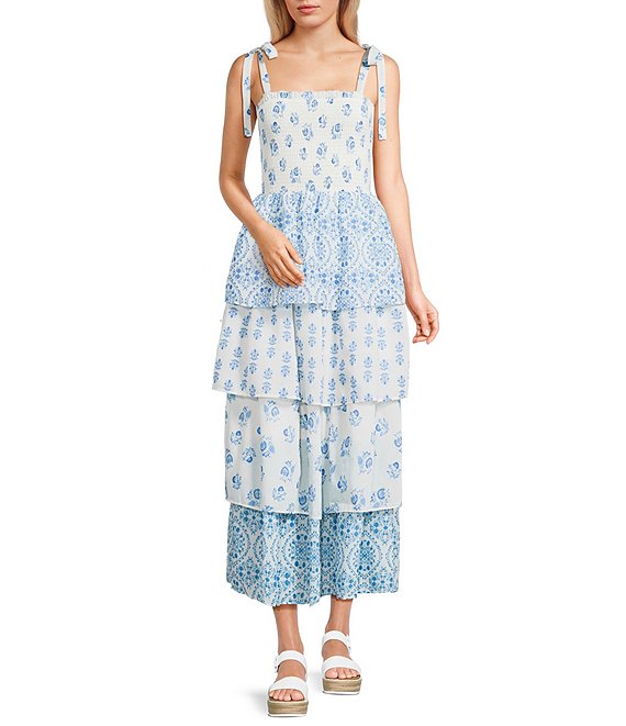 Midnight Doll Mixed Printed Tie Shoulder Smocked Tiered Dress