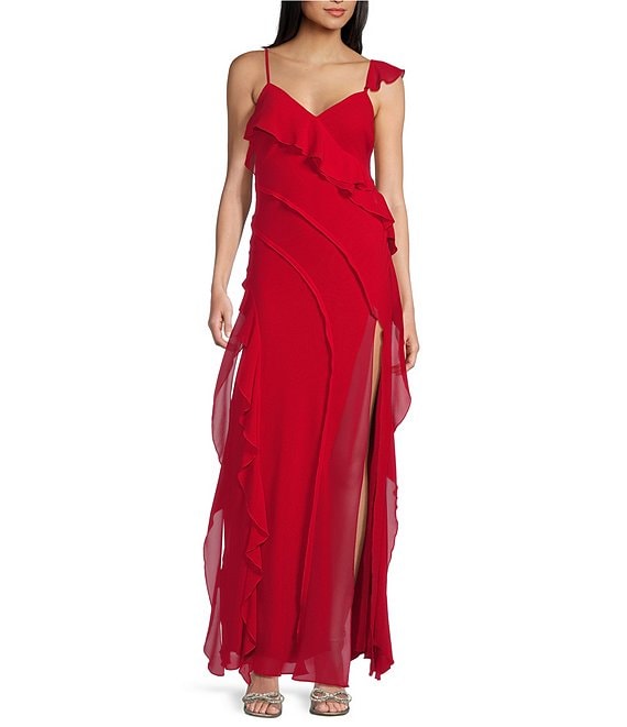 Midnight Doll One Shoulder Ruffle Side Slit Long Dress | Dillard's